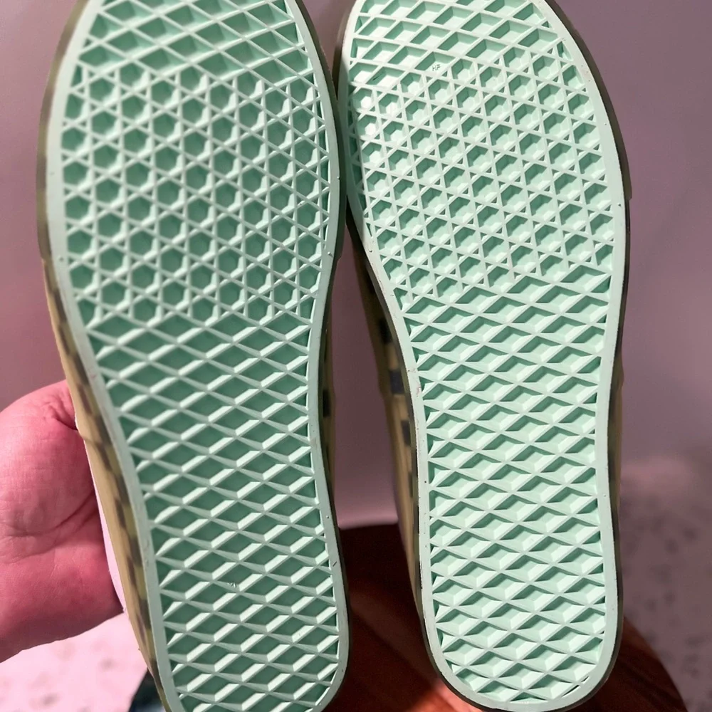 Vans White Canvas Sneakers with Green Checkerboard Sole